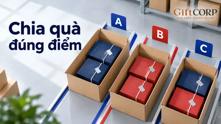 Cảnh dựng ba nhóm thùng và hộp quà chia theo A B C, chữ Chia quà đúng điểm