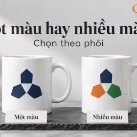 Cảnh dựng hai cốc trắng cùng kiểu, biểu tượng ba mảng màu xanh một bên và xanh cam lục bên kia, chữ Một màu hay nhiều màu Chọn theo phôi và logo GiftCorp