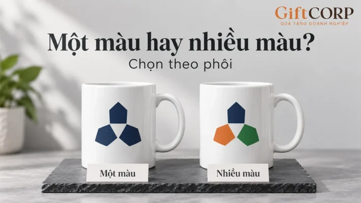 Cảnh dựng hai cốc trắng cùng kiểu, biểu tượng ba mảng màu xanh một bên và xanh cam lục bên kia, chữ Một màu hay nhiều màu Chọn theo phôi và logo GiftCorp