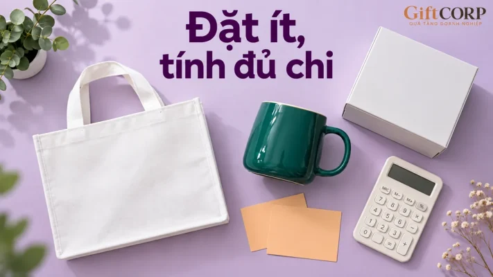 Cảnh nhìn từ trên có túi trắng, cốc xanh, hộp và máy tính cạnh chữ Đặt ít, tính đủ chi