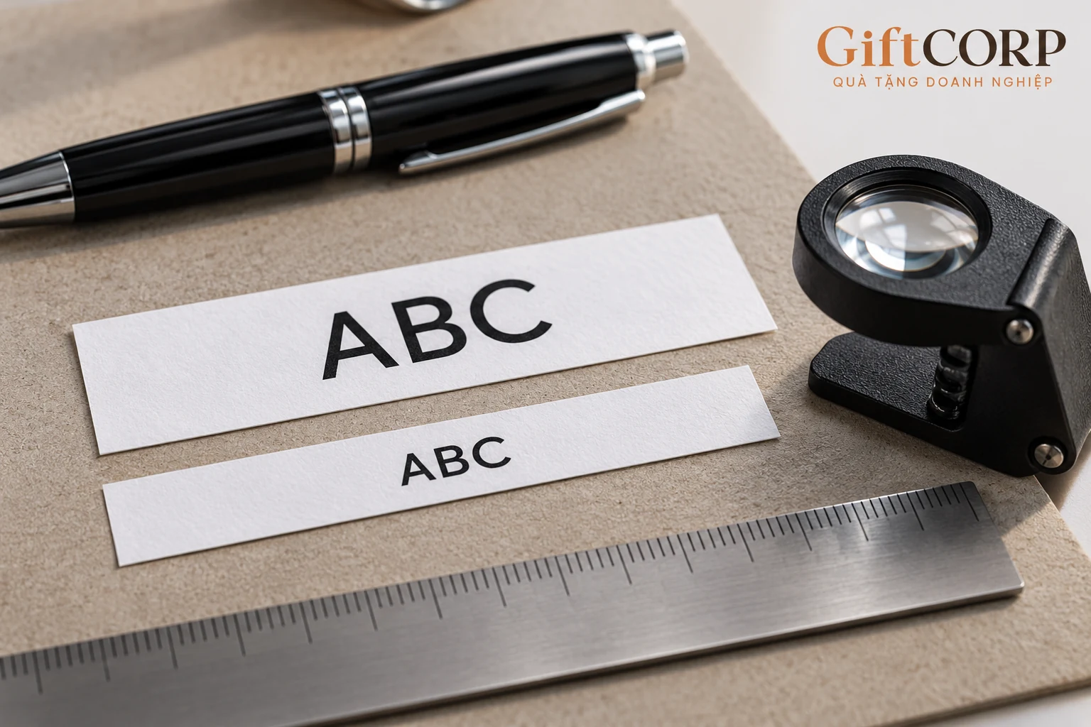 Hai cỡ chữ ABC đặt cạnh kính soi và thước không ghi số
