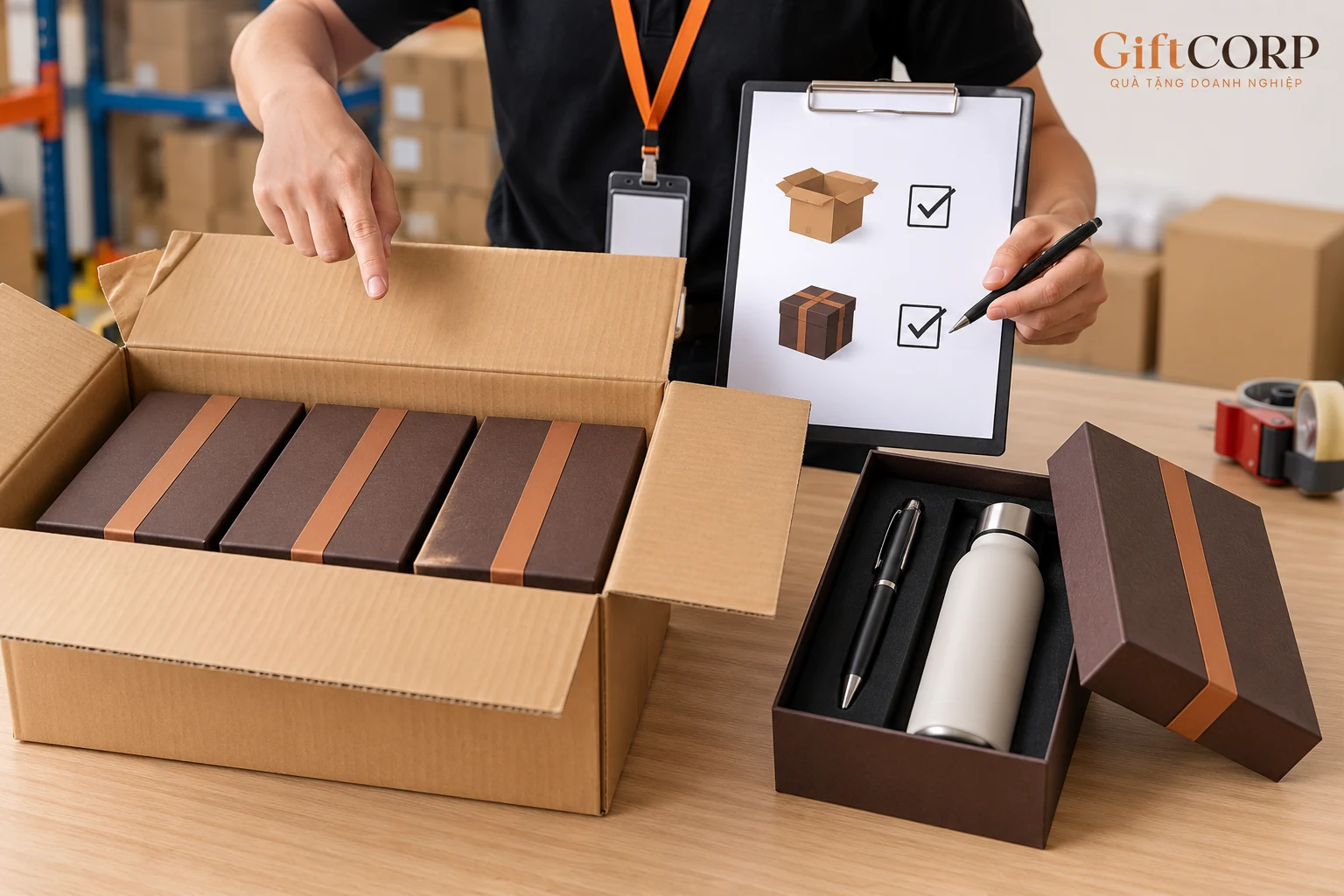 Thùng chứa các hộp quà và một hộp mở đặt cạnh bảng hình chỉ đơn vị