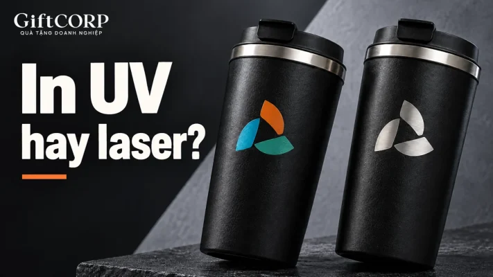 Cảnh dựng hai ly đen có nhận diện màu và ánh kim cạnh chữ In UV hay laser