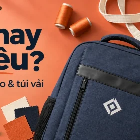 Cảnh dựng balo xanh và túi kem trên nền cam với chữ In hay thêu, Logo balo và túi vải