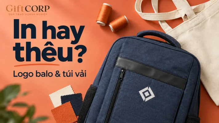 Cảnh dựng balo xanh và túi kem trên nền cam với chữ In hay thêu, Logo balo và túi vải