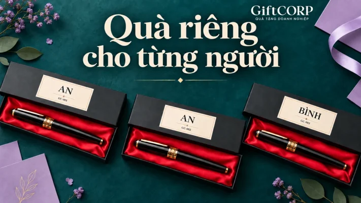 Cảnh dựng ba hộp bút với tên hư cấu AN GC-001, AN GC-002, BÌNH GC-003 và chữ Quà riêng cho từng người