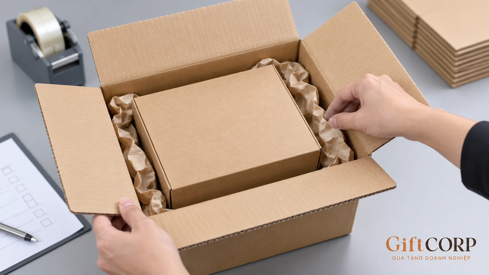 Hộp quà được đặt trong kiện ngoài có phần chèn giữa hai lớp