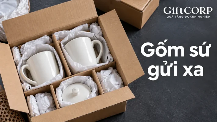 Cảnh dựng thùng carton có cốc trắng và nắp tách ngăn, chữ Gốm sứ gửi xa