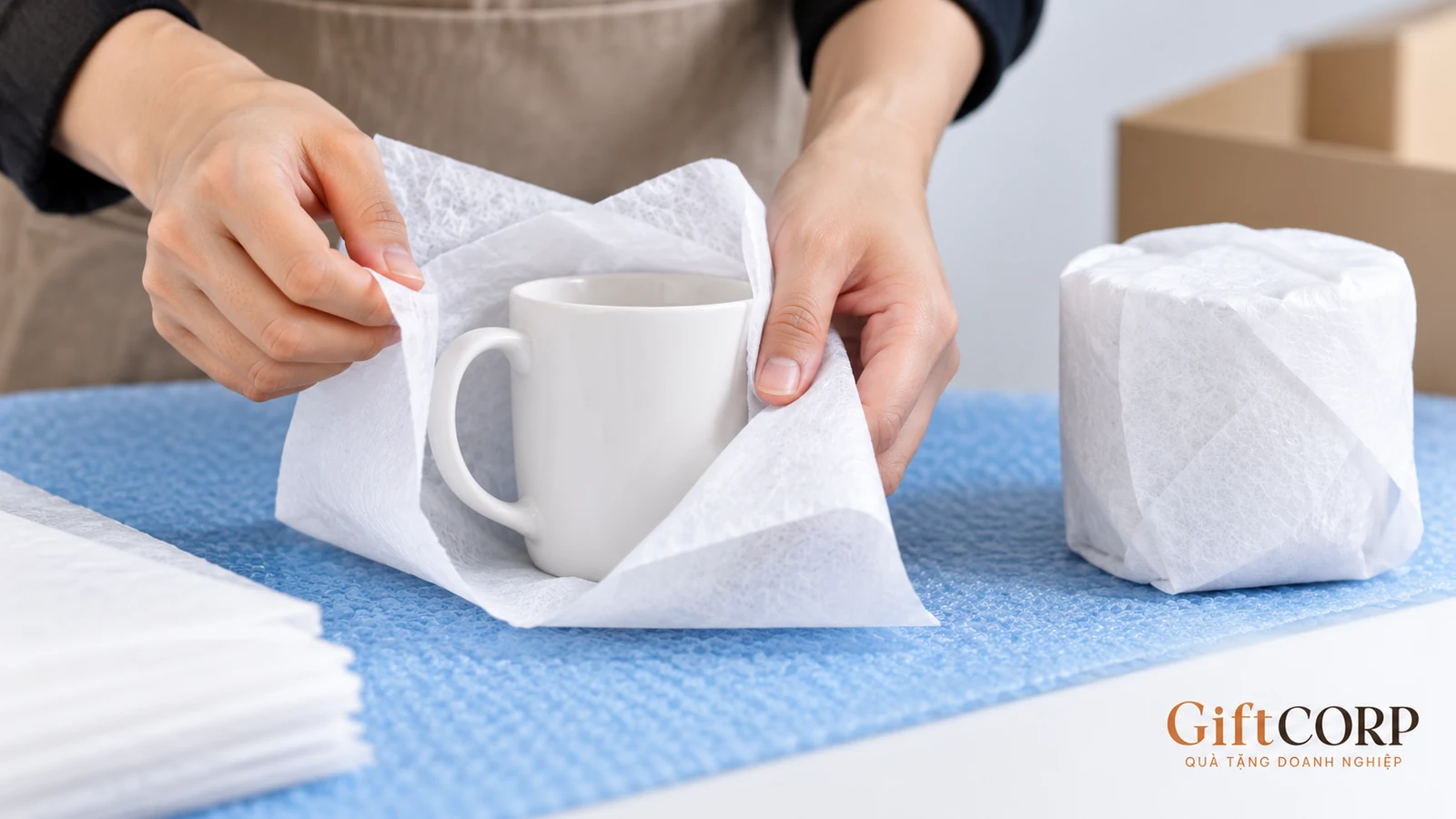 Tay bọc riêng một cốc trắng bằng lớp giấy mềm