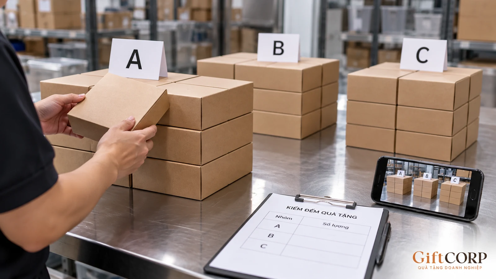 Ba nhóm hộp quà được tách bằng thẻ A, B và C