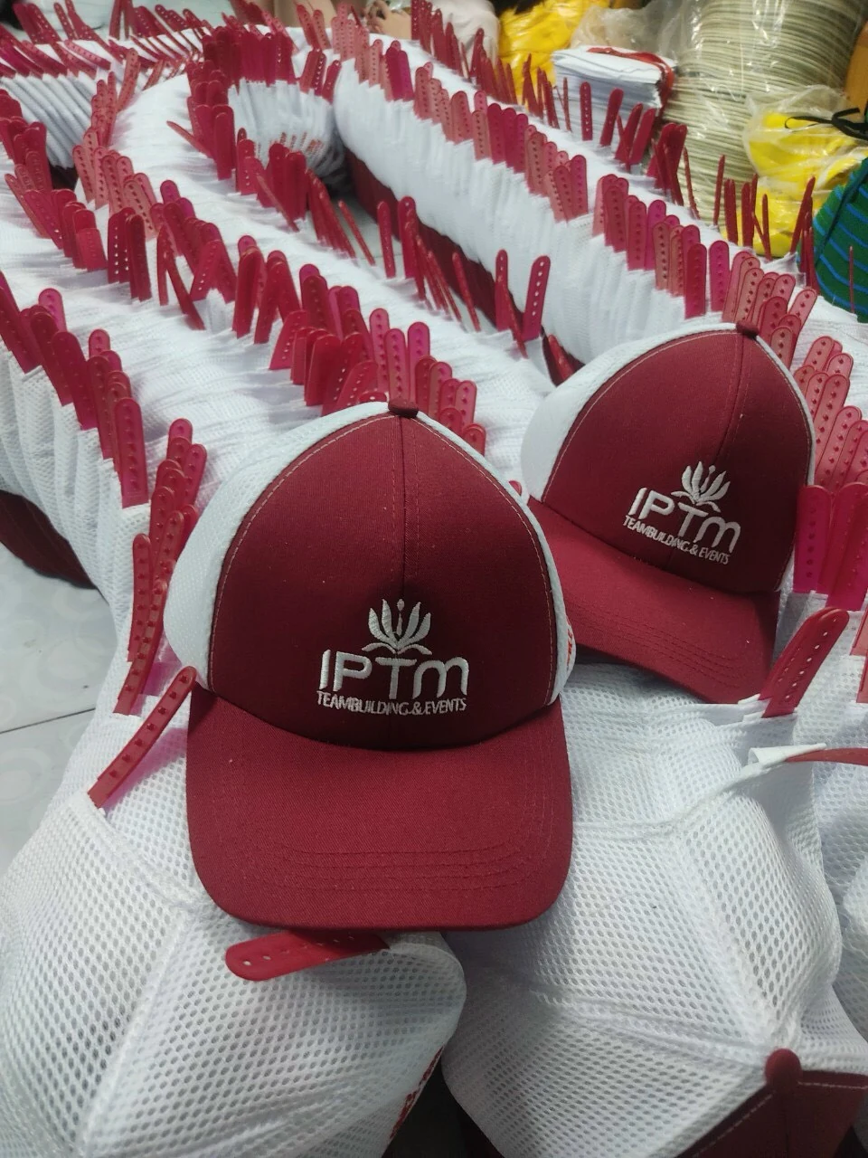 Lô mũ đỏ trắng IPTM xếp thành hàng với nhiều khóa nhựa phía sau