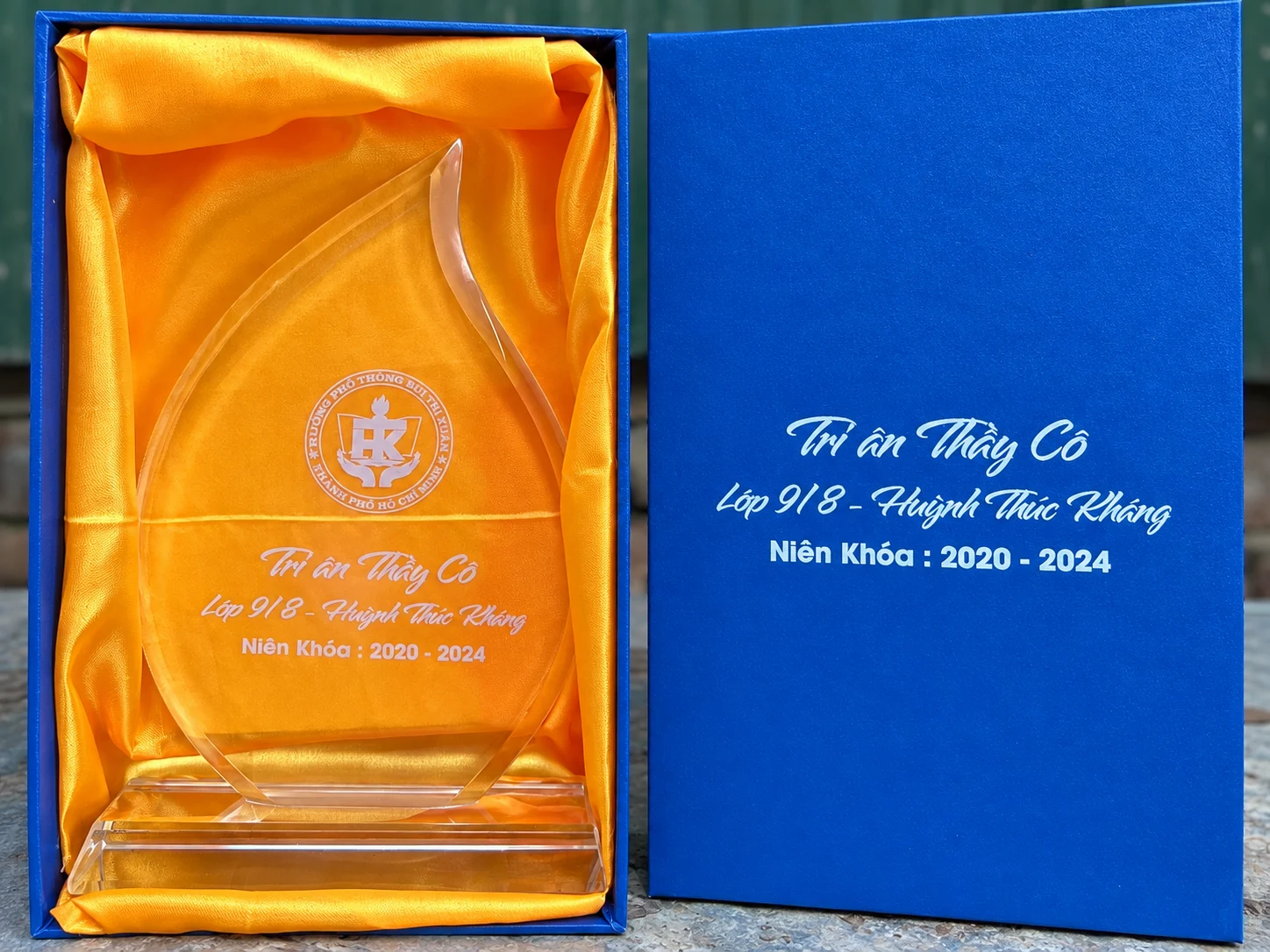 Góc cận kỷ niệm chương trong hộp xanh lót vàng