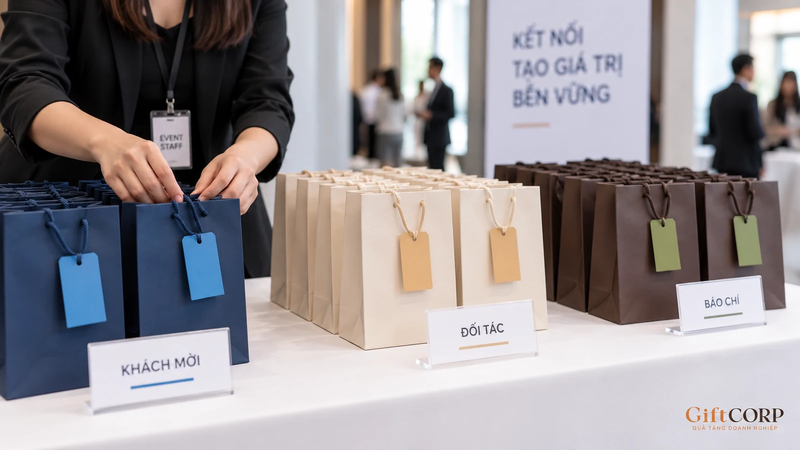 Các túi quà được chia thành ba nhóm bằng màu thẻ