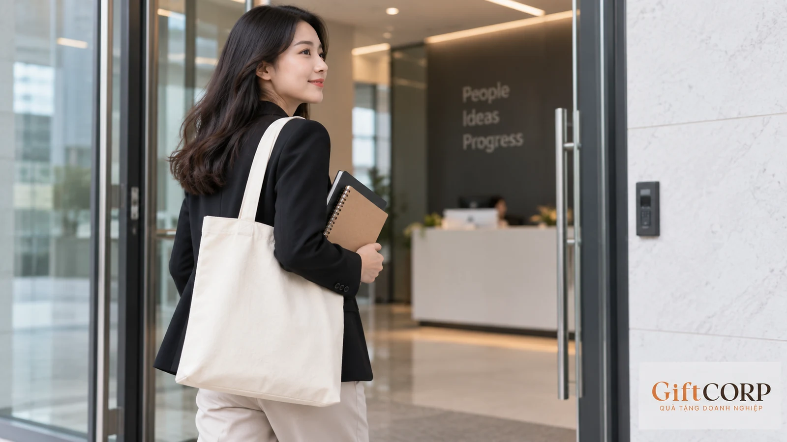 Người mang túi vải với đồ dùng tại lối vào văn phòng