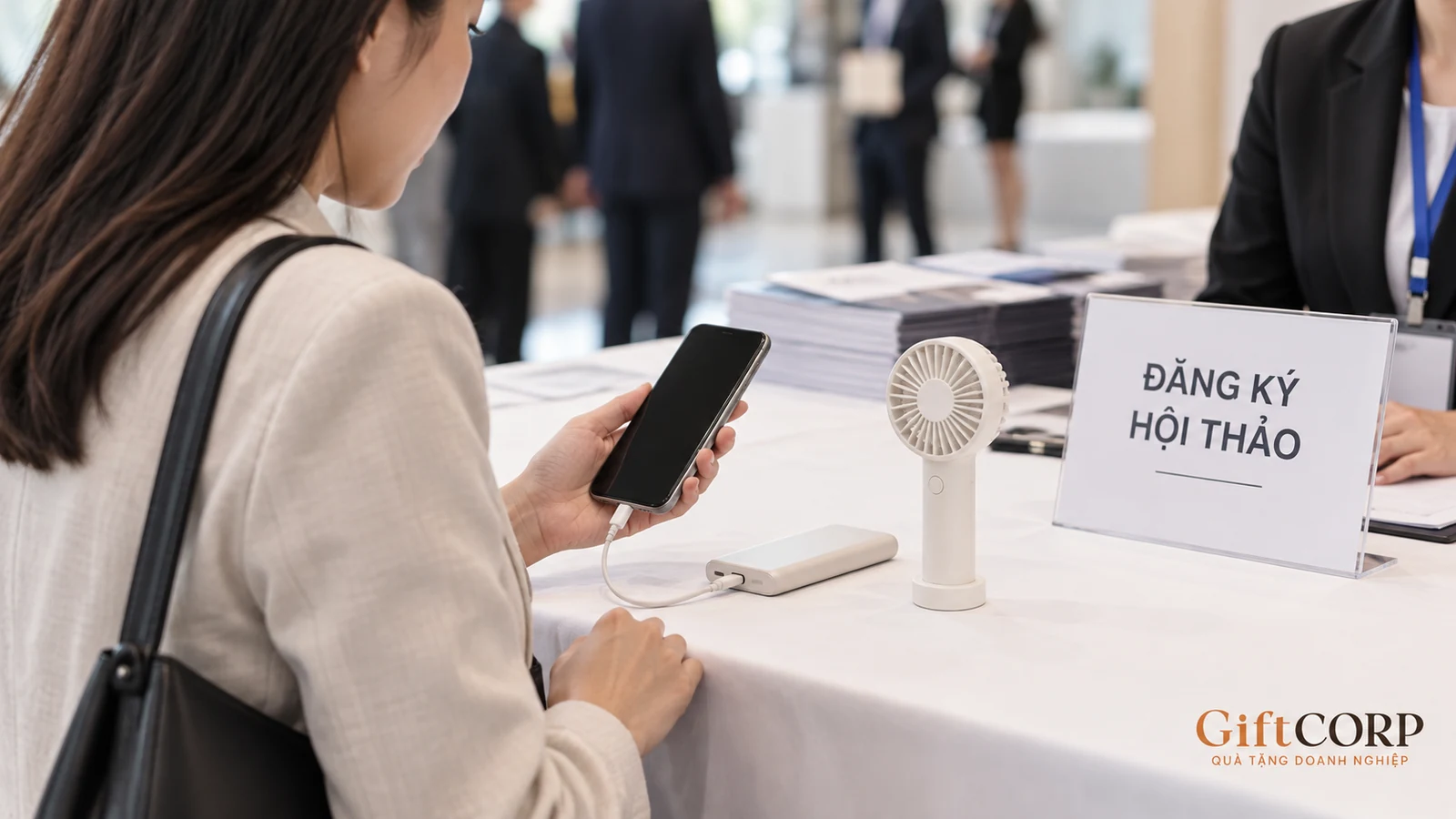 Người dự hội nghị xem quạt cầm tay và sạc dự phòng cạnh điện thoại