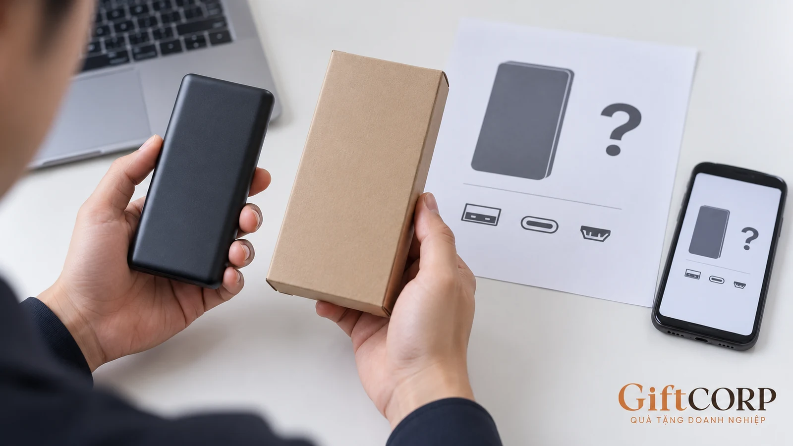 Người xem sạc dự phòng cùng giấy có hình thiết bị và dấu hỏi