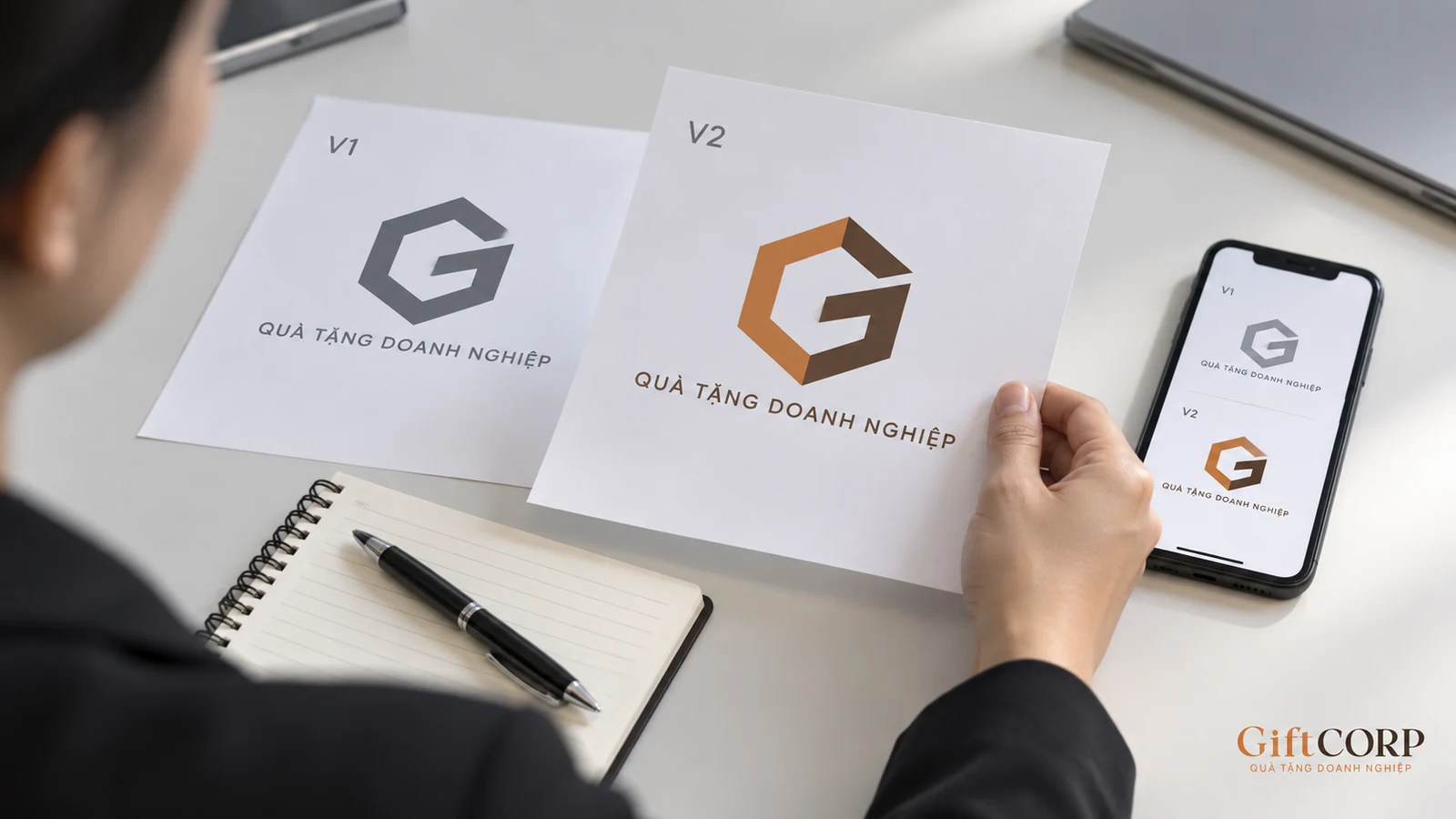 Bản nhận diện V1 và V2 được xem cạnh sổ và bút