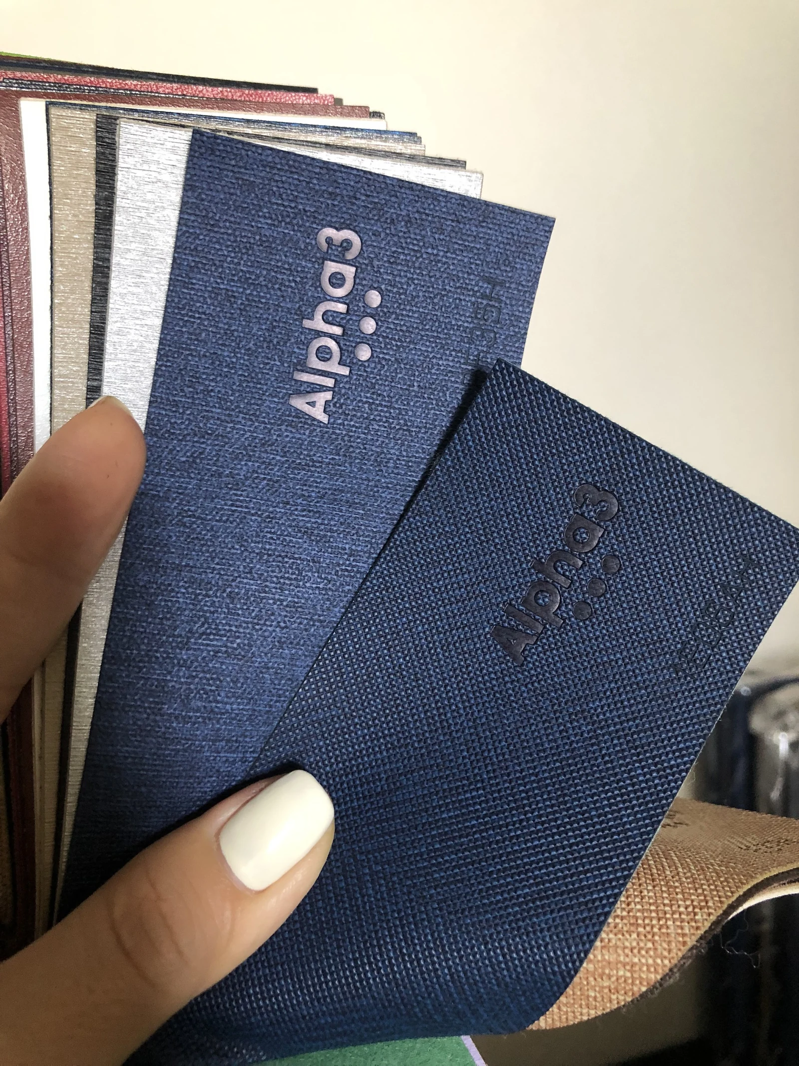 Ảnh chụp tay giữ bảng mẫu vật liệu, hai miếng xanh đậm ghi Alpha3 có bề mặt và cách thể hiện chữ khác nhau