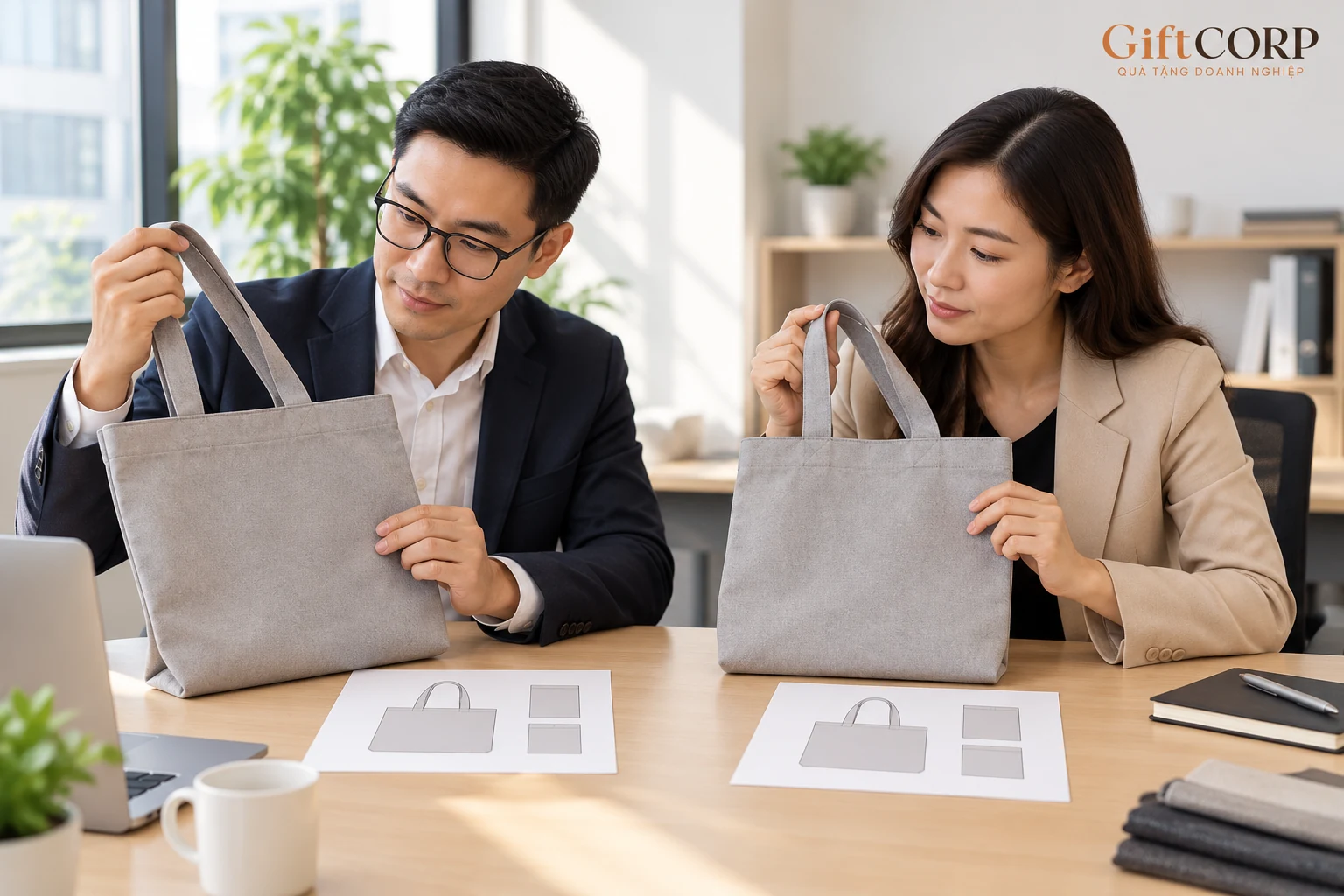 Hai mẫu túi giống nhau đặt cùng hai bản yêu cầu để so phương án