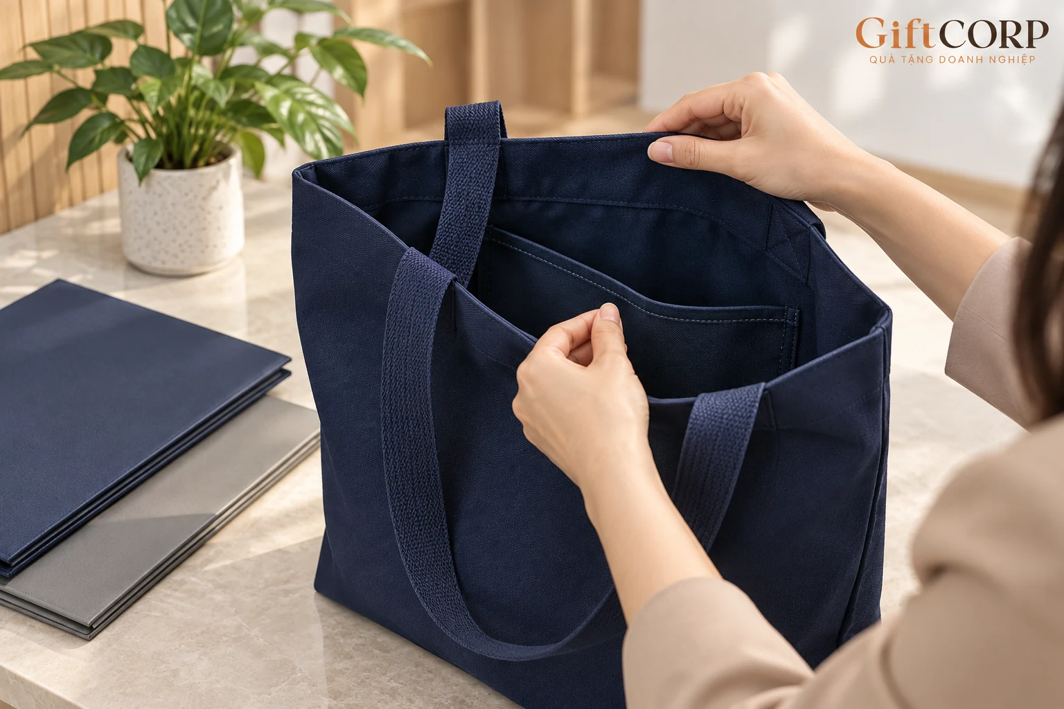Tay xem đường may và túi bên trong một mẫu túi xanh