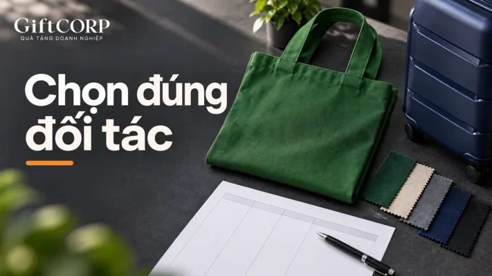 Túi xanh, mẫu vải, mép vali và bảng trống cạnh chữ Chọn đúng đối tác