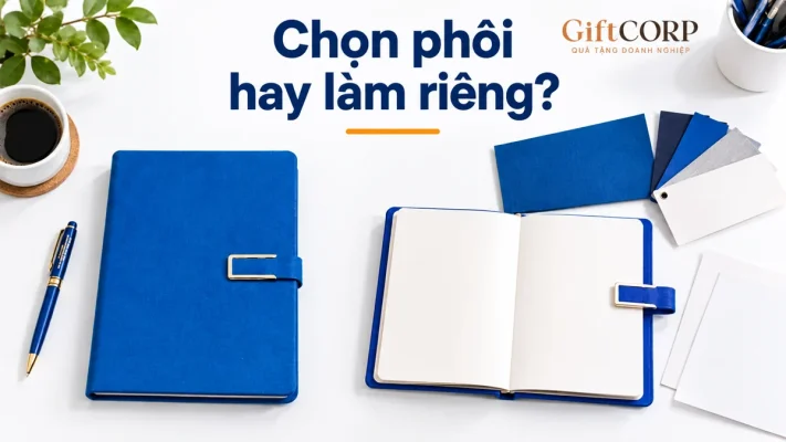 Sổ xanh đóng và mở cạnh miếng bìa, giấy trắng và chữ Chọn phôi hay làm riêng