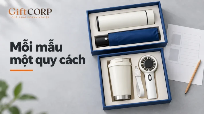 Hai khay quà khác cấu hình cạnh bảng trống và chữ Mỗi mẫu một quy cách
