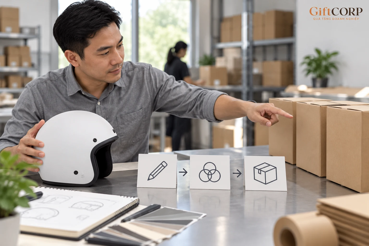 Người đối chiếu mẫu mũ, hộp và thẻ công đoạn minh họa