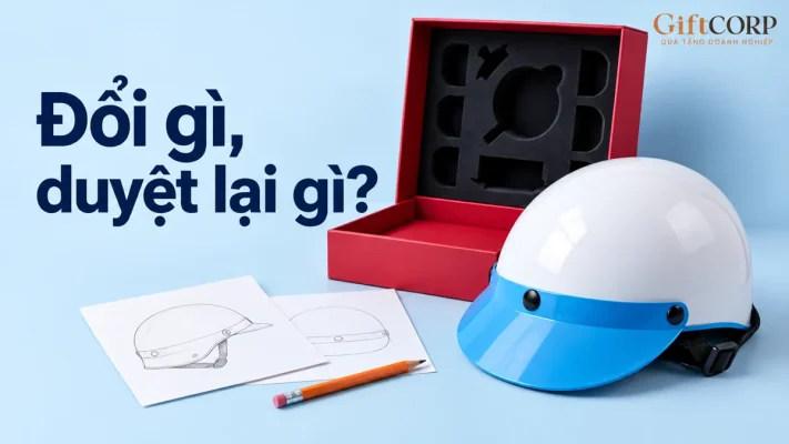 Mũ trắng xanh, hộp đỏ và hai tờ phác thảo cạnh chữ Đổi gì, duyệt lại gì?