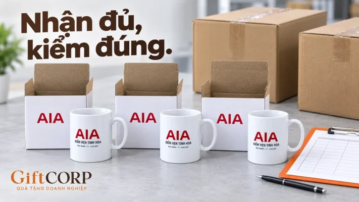 Ba cốc và hộp AIA cạnh kiện ngoài, bảng trống và chữ Nhận đủ kiểm đúng