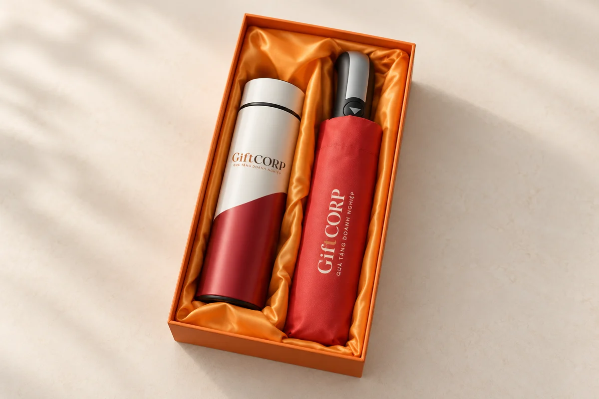 Phối cảnh bộ quà hai món bình trắng đỏ và dù đỏ trong hộp cam, nhận diện GiftCorp