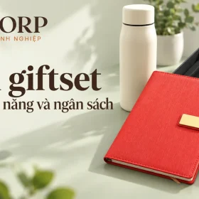 Cảnh dựng sổ đỏ, bút, bình màu kem và hộp quà trên bàn xanh nhạt, chữ Phối giftset Theo công năng và ngân sách cùng logo GiftCorp