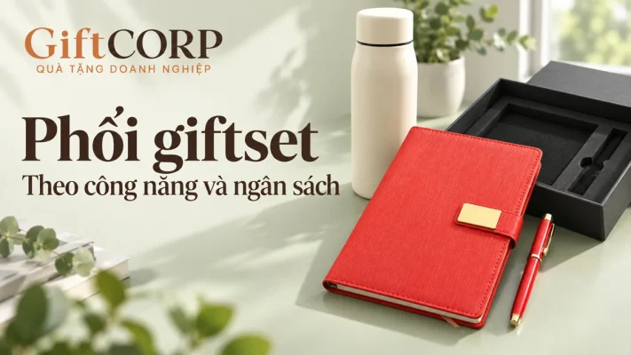 Cảnh dựng sổ đỏ, bút, bình màu kem và hộp quà trên bàn xanh nhạt, chữ Phối giftset Theo công năng và ngân sách cùng logo GiftCorp