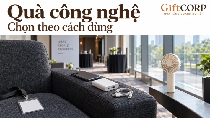 Cảnh dựng góc nghỉ hội nghị có điện thoại, sạc dự phòng và dây rời trên ghế, quạt cầm tay bên cửa kính, chữ Quà công nghệ Chọn theo cách dùng cùng logo GiftCorp