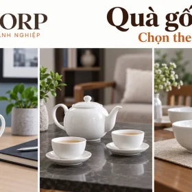 Ba cảnh dựng cốc trên bàn làm việc, bộ trà ở bàn tiếp khách và bát đĩa ở bàn ăn, chữ Quà gốm sứ Chọn theo nơi dùng cùng logo GiftCorp