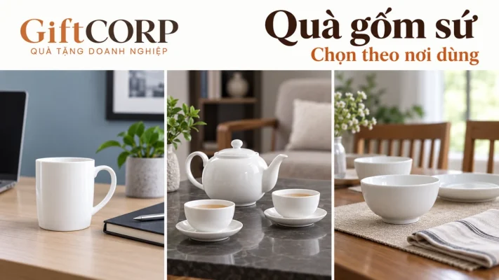 Ba cảnh dựng cốc trên bàn làm việc, bộ trà ở bàn tiếp khách và bát đĩa ở bàn ăn, chữ Quà gốm sứ Chọn theo nơi dùng cùng logo GiftCorp