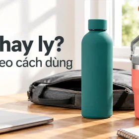 Cảnh dựng bình teal và ly coral đặt cạnh túi laptop, chữ Bình hay ly, Chọn theo cách dùng