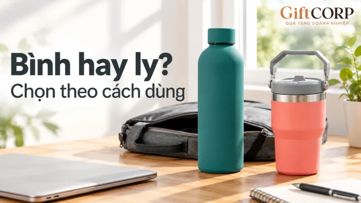 Cảnh dựng bình teal và ly coral đặt cạnh túi laptop, chữ Bình hay ly, Chọn theo cách dùng