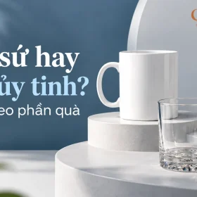 Cảnh dựng một cốc trắng có quai và hai ly trong trên bục, chữ Cốc sứ hay ly thủy tinh, Chọn theo phần quà