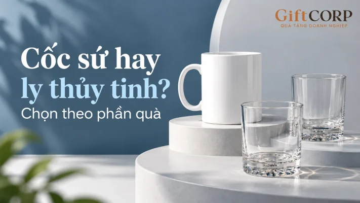 Cảnh dựng một cốc trắng có quai và hai ly trong trên bục, chữ Cốc sứ hay ly thủy tinh, Chọn theo phần quà