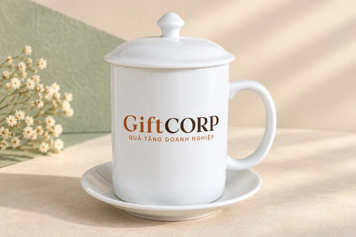 Phối cảnh cốc sứ trắng có nắp, đĩa và quai C, logo GiftCorp ở mặt đối diện hướng nhìn