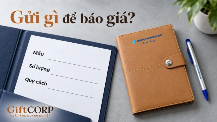 Sổ nâu, bút bạc xanh bên hồ sơ mẫu, số lượng và quy cách; chữ gửi gì để báo giá